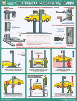 ПС54 Безопасность в авторемонтной мастерской. электромеханический подъемник (ламинированная бумага, А2, 1 лист) - Плакаты - Автотранспорт - Магазин охраны труда ot-magazin.ru